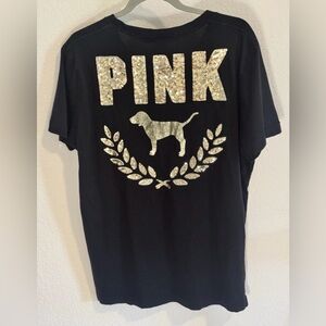 PINK Victoria's Secret Womens Sequin Dog In Laurel Wreath T-Shirt Large Black L